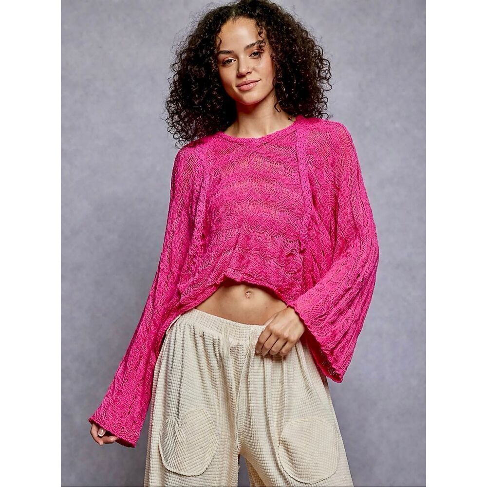 POL Hot Pink Open Knit Cropped Hoodie Sweater Boho Lace Long Sleeve Top NEW - Picture 2 of 14